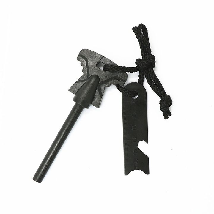 Set aprindere foc Rqiurpn pentru camping, maner fluture, multifunctional, 108x8mm, otel inoxidabil, Negru