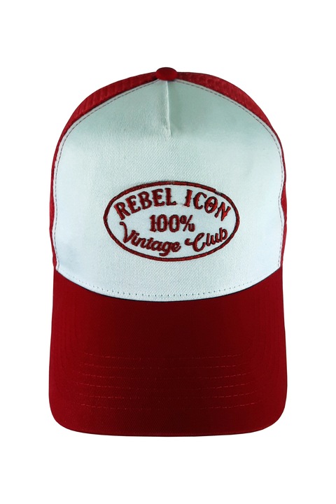 Sapca trucker, brodata, Rebel Icon Vintage Club, unisex, alb cu rosu, reglabila