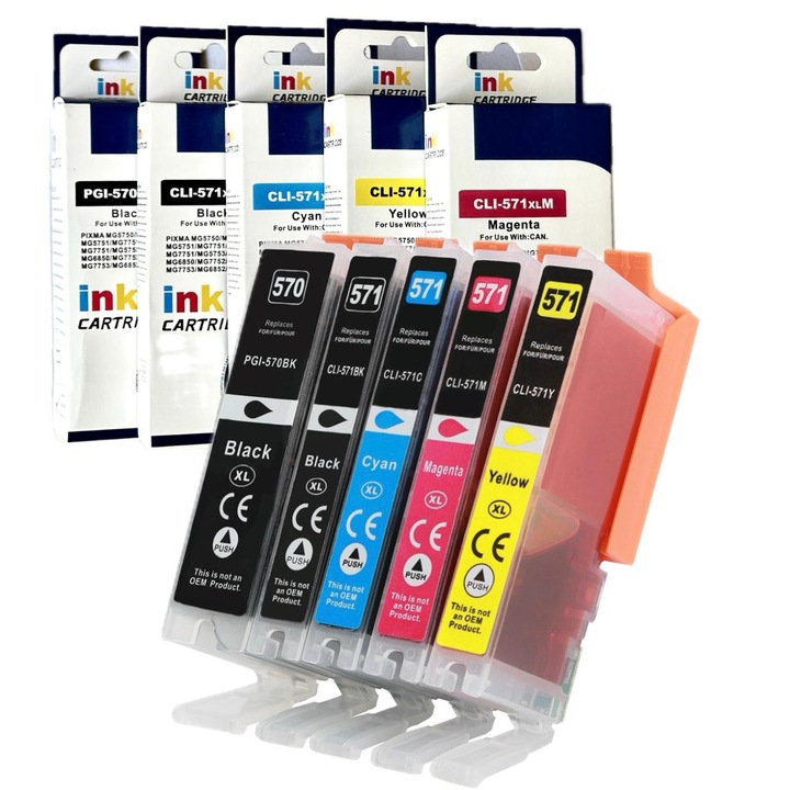 5 darab kompatibilis tintapatron készlet PGI-570XL CLI-571XL, 76 ml, 2x fekete + kék + sárga + magenta, CANON PIXMA MG5700 PIXMA MG5750 PIXMA MG5751 PIXMA MG5752 PIXMA MG 5753 PIXMA MG6800 PIXMA MG6850 PIXMA MG6851 PIXMA MG6852 PIXMA MG6853 modellekhez