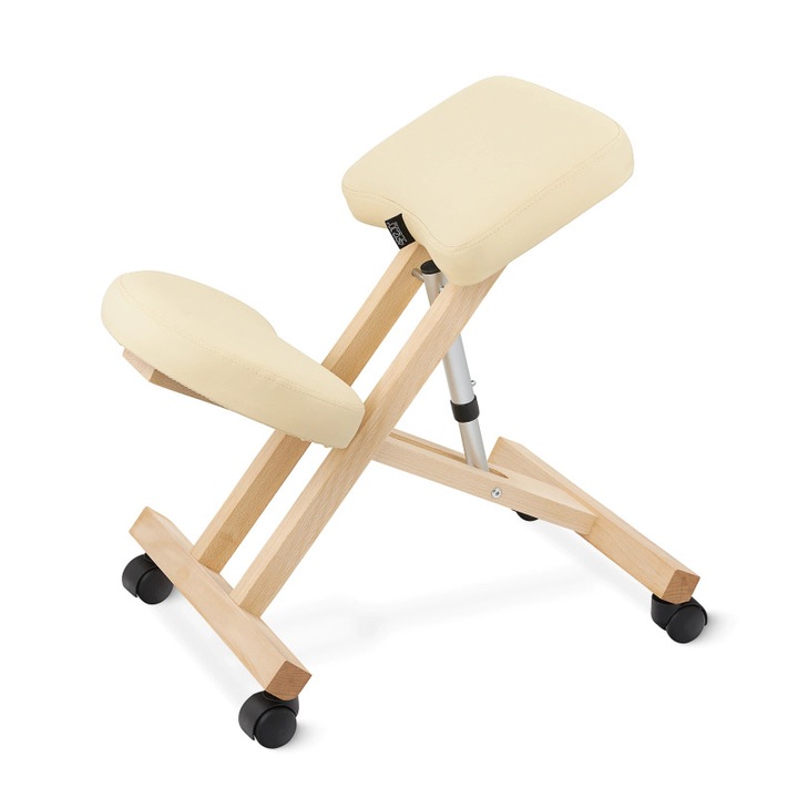 Scaun ergonomic pentru genunchi, Model PURE, 4FIZJO, usureaza tensiunea de pe spate, reglabil, material durabil, prevazut cu roti, confort ridicat al scaunelor, sarcina maxima 130 kg, inaltime 48 - 63 cm, Lemn, Piele ecologica, Spuma, Bej