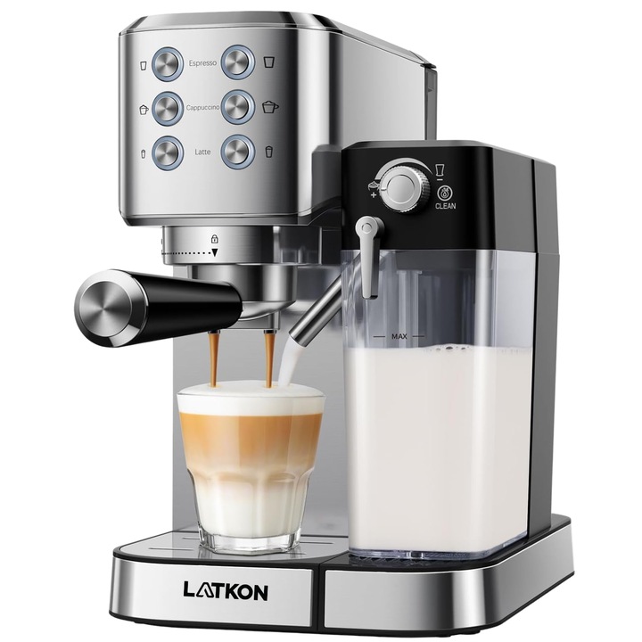 Espressor manual Latkon CM5160, 20 bari, Recipient apa detasabil 1L, Recipient lapte detasabil 0.7L, Sistem de incalzire a cestilor, 3 tipuri de bauturi, 1350 W, Argintiu