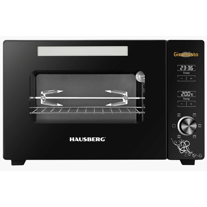 Дигитална електрическа фурна с грил и вентилатор HAUSBERG HB-9260, 1800W, Turbo, Капацитет 48L, Контрол на температурата 230 градуса по Целзий, Вътрешно осветление, Черен