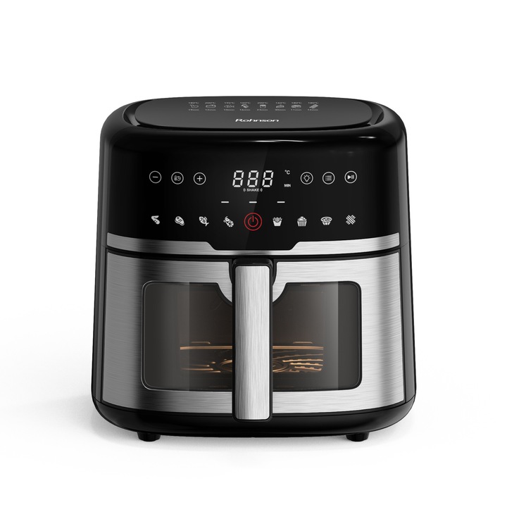 Friteuza cu aer cald Rohnson R2873, 6L, 1500W, timer 1h, 80-200 °C, Panou tactil digital LED, 8 programe, sistem 3D la 360°, fereastra dubla, iluminare