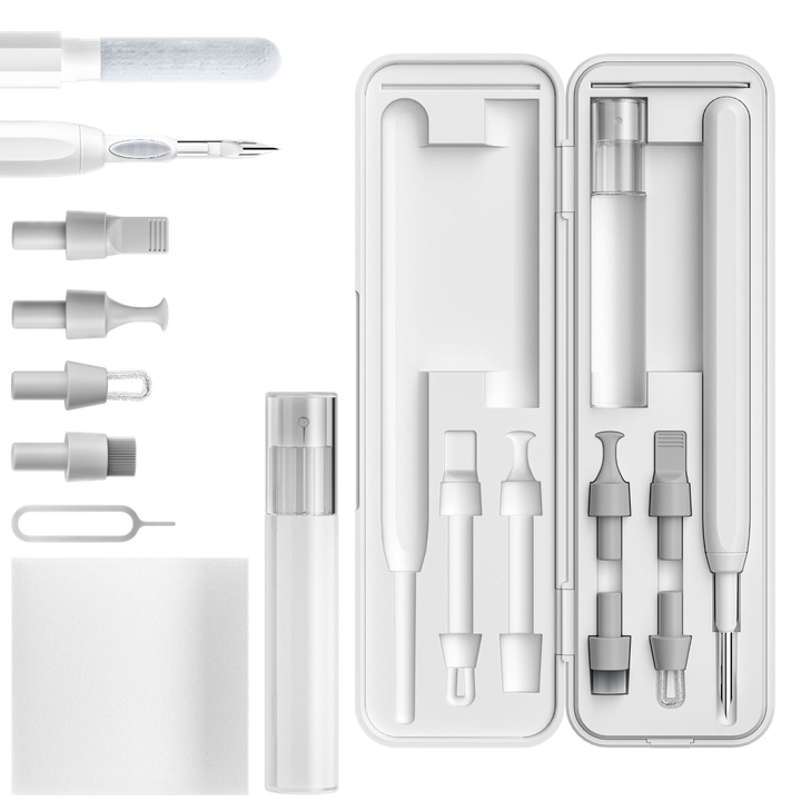 Kit multifunctional de curatare electronica, 11 in 1 pentru casti Bluetooth, telefon mobil, computer, tableta, aparat foto, compact si portabil, alb