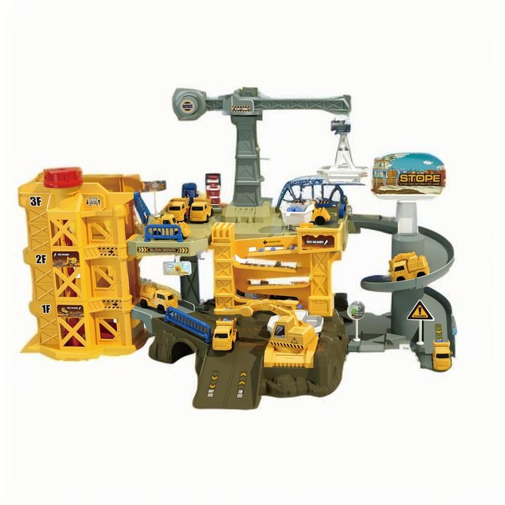 Set Pista Aventura cu Muzica, 4 Vehicule de Constructii, 3-6 Ani