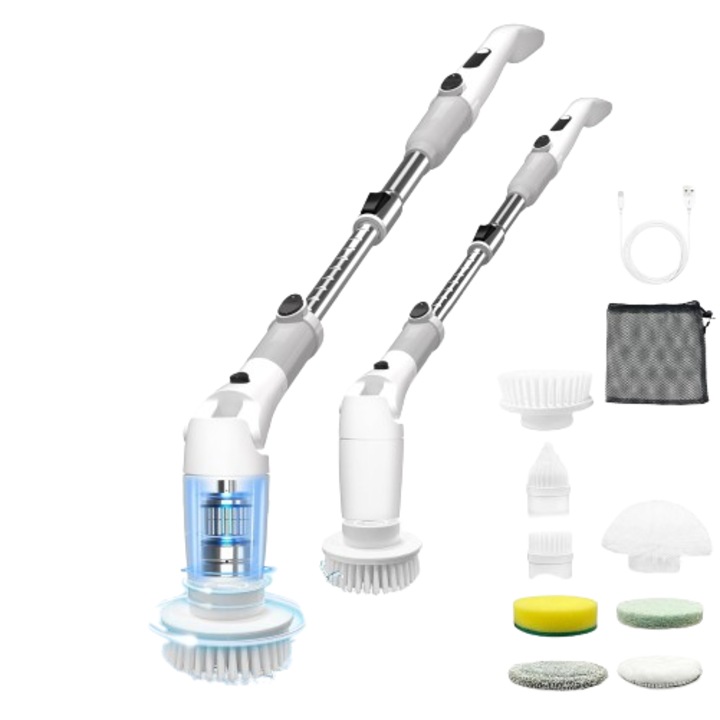 Perie electrica rotativa, 500 RPM, fara fir, cu 8 capete interschimbabile, brat extensibil ajustabil, utilizare de 2, 5 ore, scrubber de putere pentru podea, baie, placi si cada, alb