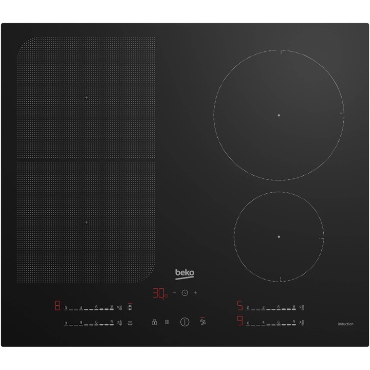 Plita incorporabila Beko HII64791UFT , Inductie, 4 induction zones + IndyFlex, Touch control 9 trepte, Booster, HobtoHood, OverHeat Safety System, Auto Shutdown, SlimDesign, Residual heat indicator, 60 cm, Negru