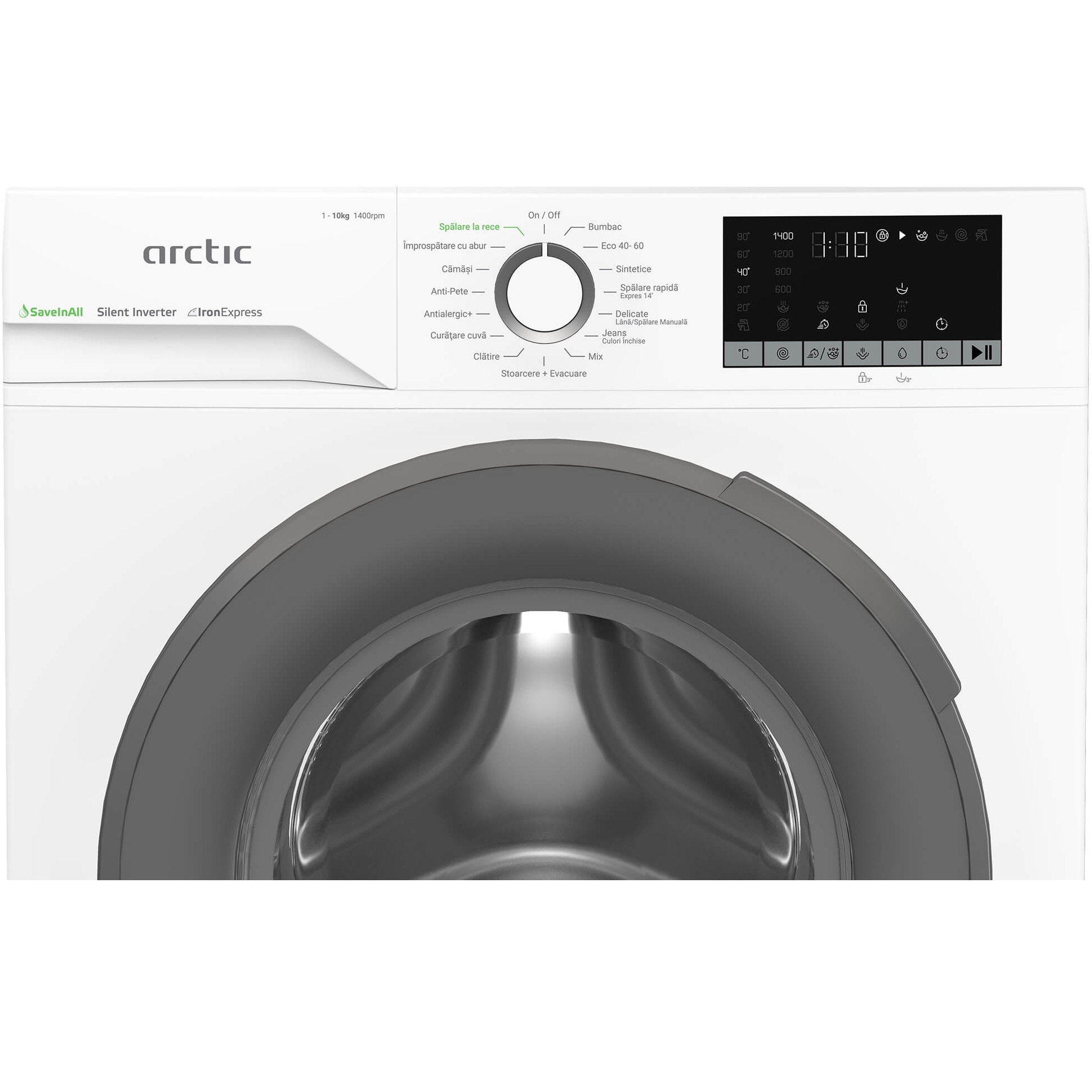 Masina de spalat rufe Arctic APLM2WFSU210411W, 10 Kg, 1400 RPM, 15 Programe, Motor Silent Inverter, ExtraSteam, Prewash, Fast+, Extra Rinse, Drum Clean+Steam, Child Lock, Anticrease, Digital Display, Add-In, Clasa B Alb