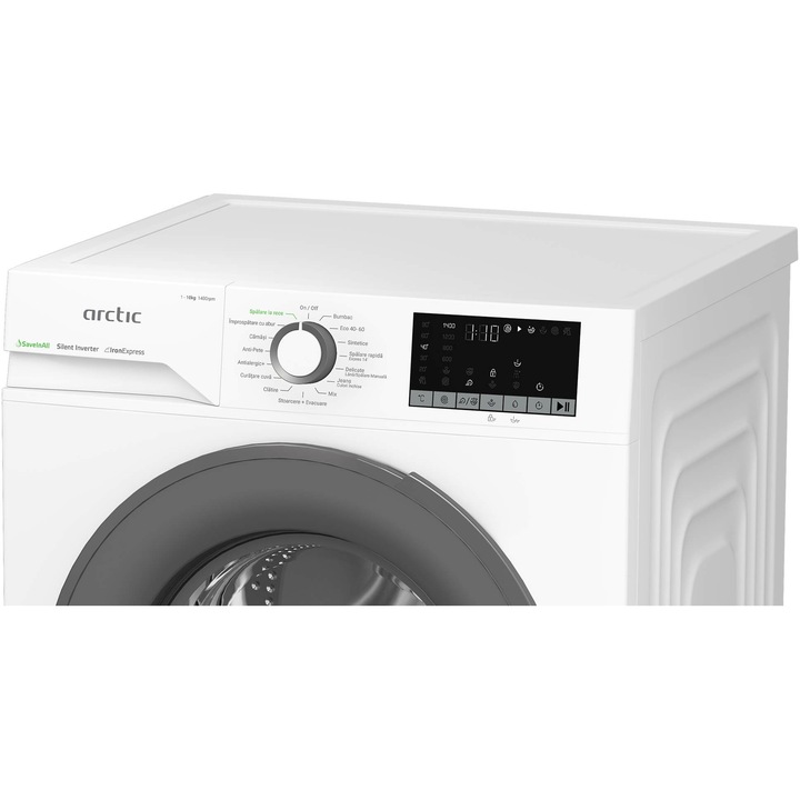 Masina de spalat rufe Arctic APLM2WFSU210411W, 10 Kg, 1400 RPM, 15 Programe, Motor Silent Inverter, ExtraSteam, Prewash, Fast+, Extra Rinse, Drum Clean+Steam, Child Lock, Anticrease, Digital Display, Add-In, Clasa B Alb