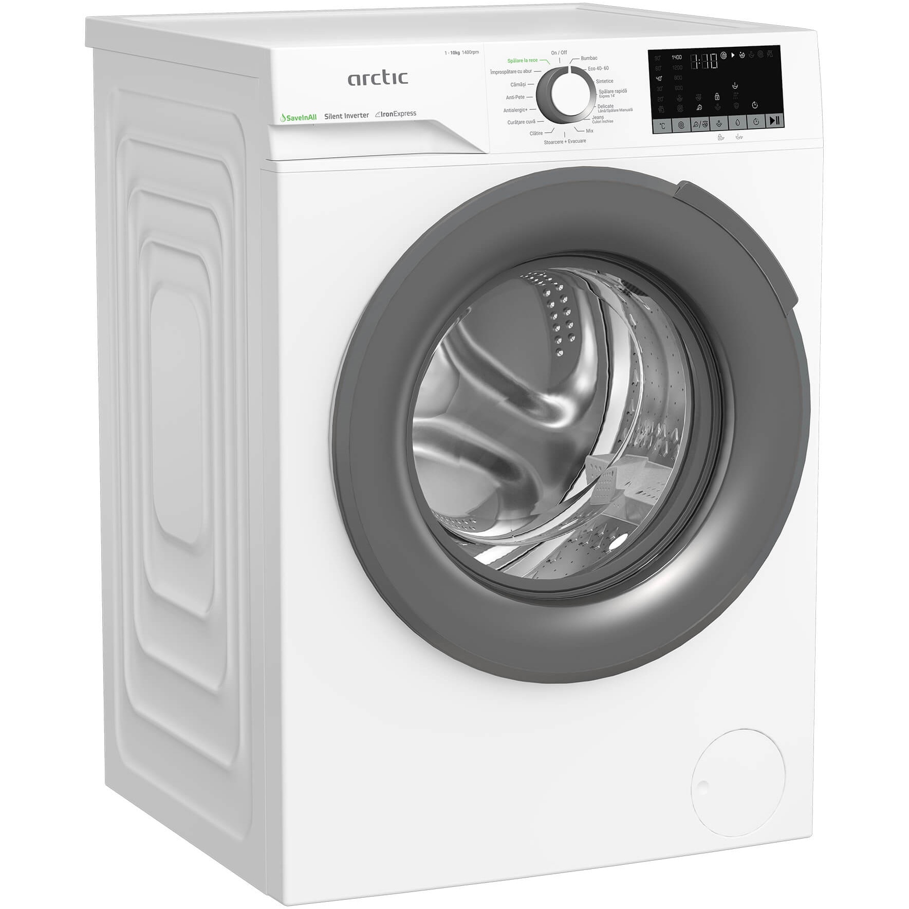 Masina de spalat rufe Arctic APLM2WFSU210411W, 10 Kg, 1400 RPM, 15 Programe, Motor Silent Inverter, ExtraSteam, Prewash, Fast+, Extra Rinse, Drum Clean+Steam, Child Lock, Anticrease, Digital Display, Add-In, Clasa B Alb