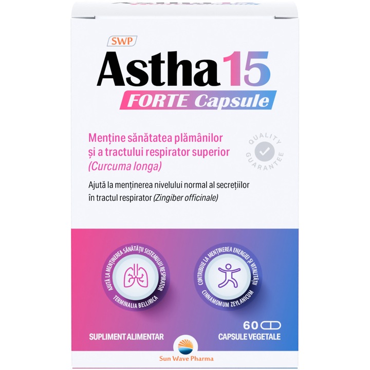 Astha 15 Forte, Sun Wave Pharma, поддържа здравето на белите дробове, 60 капсули