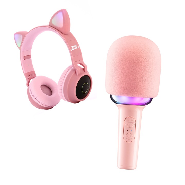 Детски караоке микрофон SMART TabbyBoo MK2, Bluetooth, RGB светлини, 4 гласови ефекта, с аудио слушалки - розов