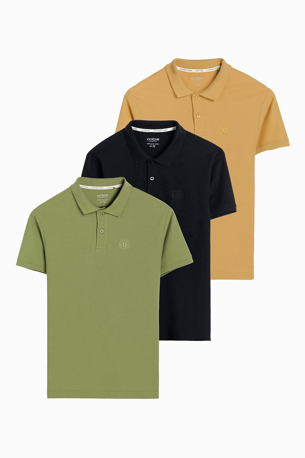 OMBRE, Set de tricouri polo de bumbac - 3 piese, Negru, Kaki, Galben mustar, M