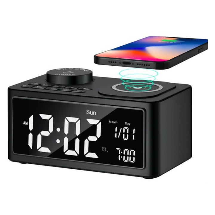 Háromfunkciós vezeték nélküli Bluetooth hangszóró, ébresztőóra rádió, Bluetooth zenelejátszó, FM tuner, AUX funkció, LED kijelző, ébresztőóra, vezeték nélküli mobiltelefon-töltés támogatása, 15 x 9 x 7,5 cm, fekete