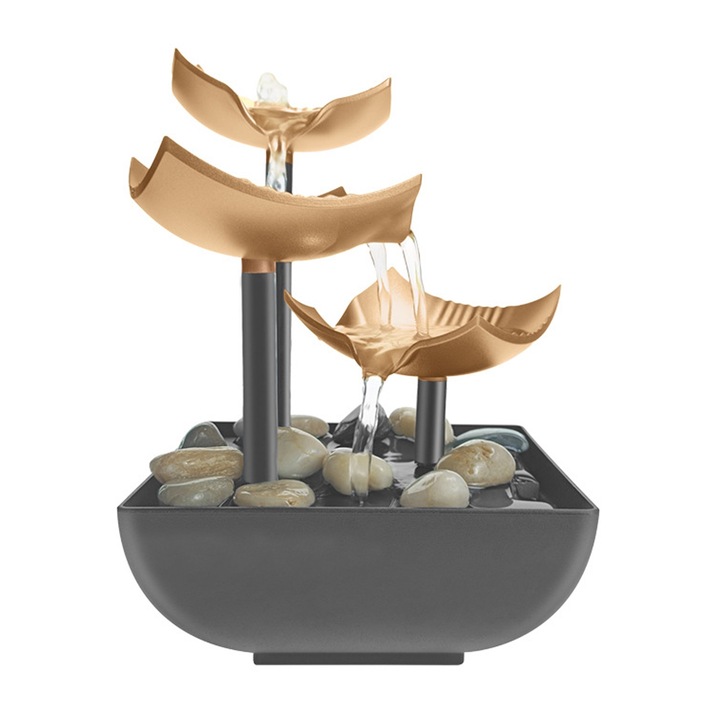 Декоративен настолен фонтан, Hggzeg, 3 нива, С LED осветление, Автоматична помпа с превключвател, Фън Шуй декор, За спалня, хол, трапезария и офис, Пластмаса, 14×14×21 см, Черен/Меден