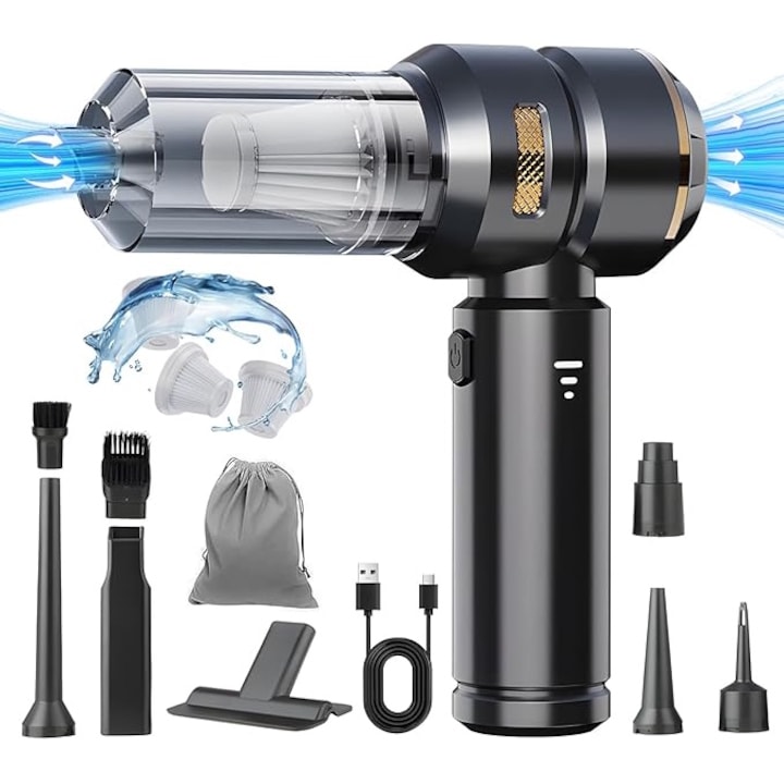 Aspirator Auto de Mana Wireless Portabil 4 in 1 ESL by Essential Level®, Putere 16000 PA, Baterie 6000 mAh, 100 W, 90000 RPM, Motor Brushless, 3 Filtre HEPA incluse, 3 Viteze, Aspirare Uscata/Suflare/Vacuum pentru Casa si Masina