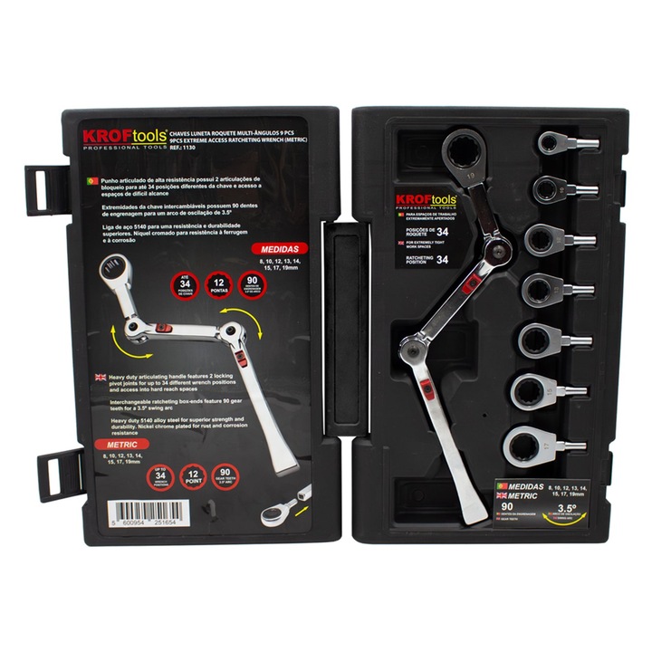 Csillagkulcs készlet, KROFTOOLS, cserélhető fejjel, csuklókkal, 9 db, EXO-FIT