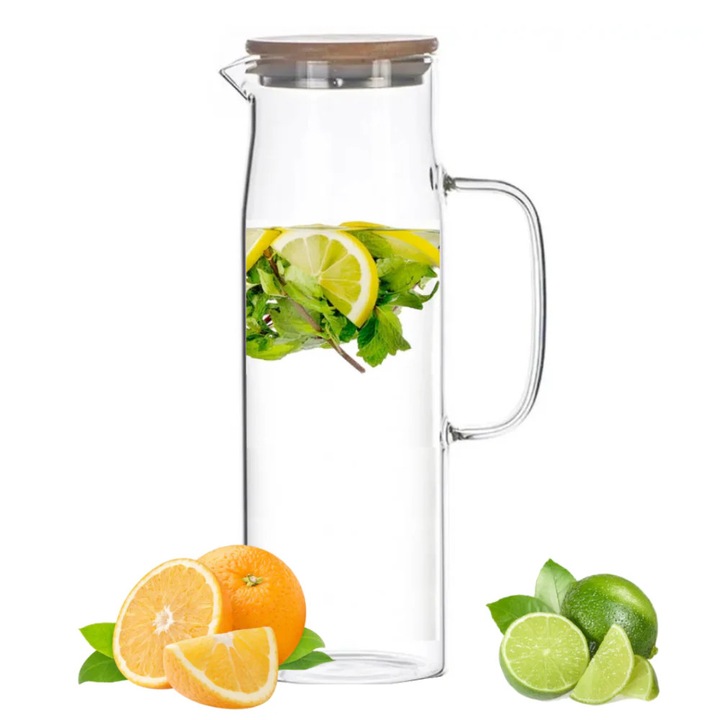 Salestore.ro®, boroszilikát üveg vizes kancsó, bambusz tetővel és rozsdamentes acéllal, 26 x 8,5 cm, 1500 ml, átlátszó/fa