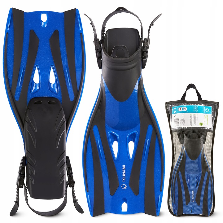 Labe inot ajustabile, Tsunami, ideal pentru inot si snorkelling, freediving, flexibil, curea reglabila, material rezistent, Marimea 42.5 - 47.7 EU, PP + TPE, Negru/Albastru