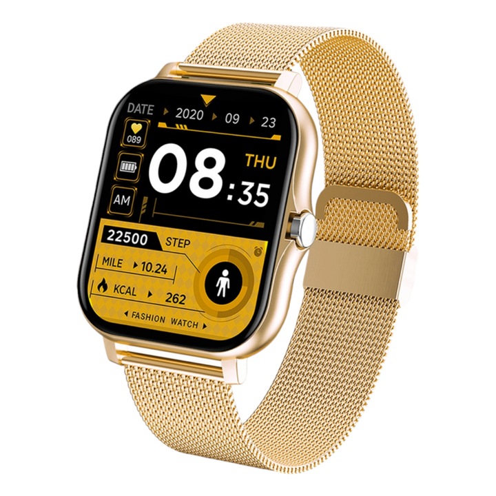 Дамски смарт часовник SMART GT20, пулс, кръвно налягане, сатурация, разговори, намиране на телефона, златист