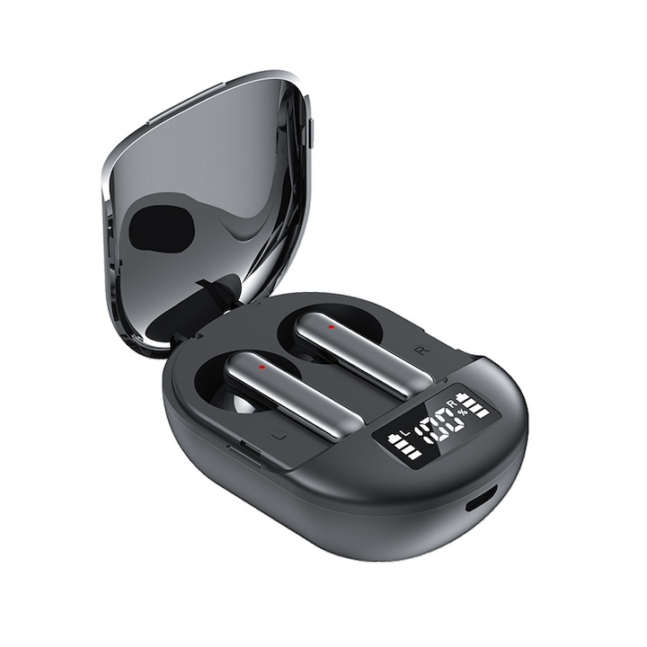 Безжични Bluetooth слушалки MRG MT180, LCD дисплей, стерео, хендсфри, с кутия за зареждане, сензорно управление, с микрофон, за черен телефон