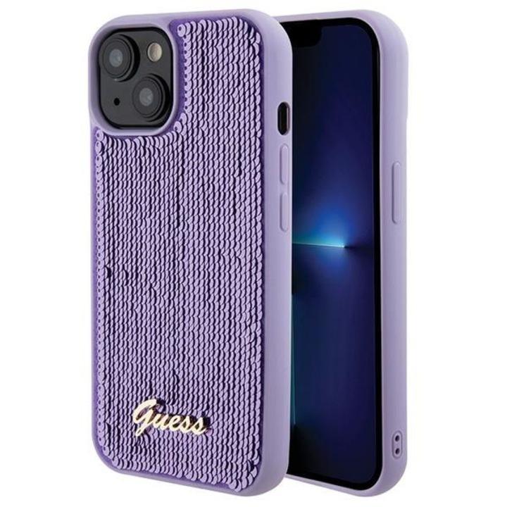 Husa Guess pentru iPhone 13/14/15, Colectie Sequin Script Metal, Mov