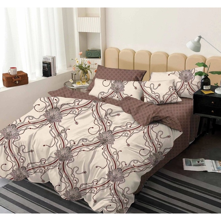 Set Lenjerie de pat dublu, Pucioasa, Royal Brown, Bumbac Finet Gros, 4 fete de perna, 6 piese