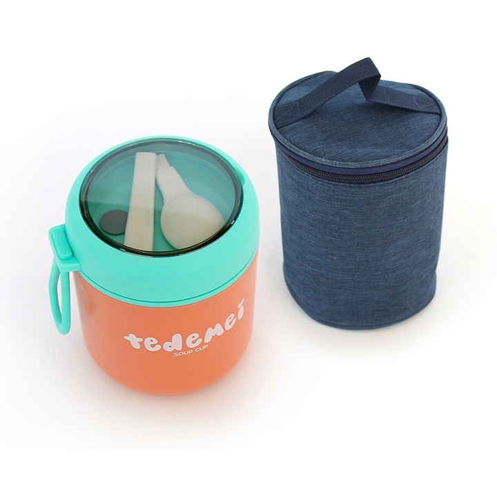 Комплект термо Купа, Кутия за течна или твърда храна, С чанта, 500 мл, Без BPA, Стомана, Розово-Тюркоаз