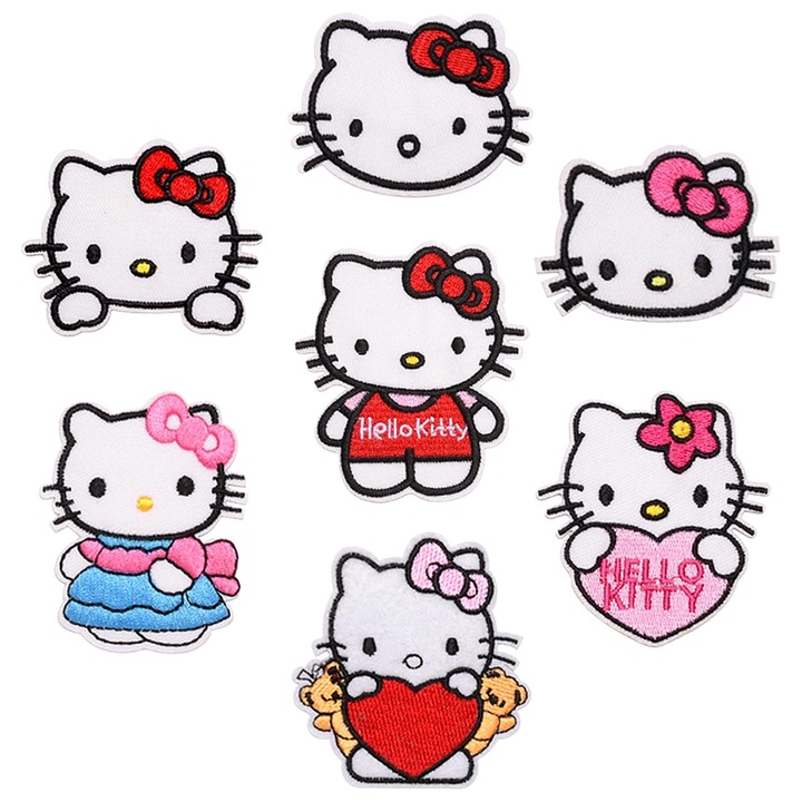 Set 7 petice Hello Kitty, MWAOWM, Bumbac Brodat, Aplicabile cu Fier de calcat, Multicolor