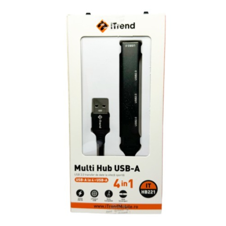 Хъб ITrend, 4 USB порта (3xUSB 2.0, 1xUSB 3.0), черен, 100x17x7mm