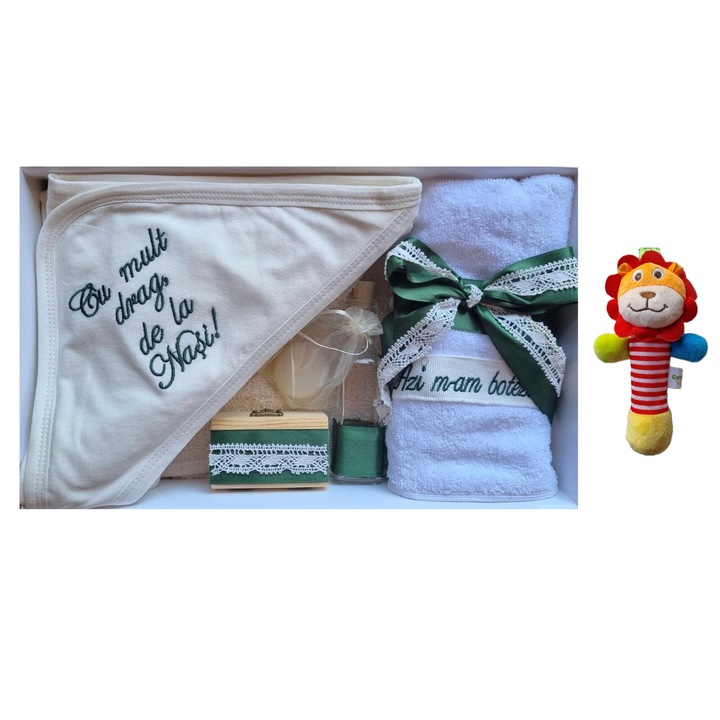 Trusou botez complet VEVES, culoare verde cu broderie si 8 piese, jucarie bebelusi inclusa