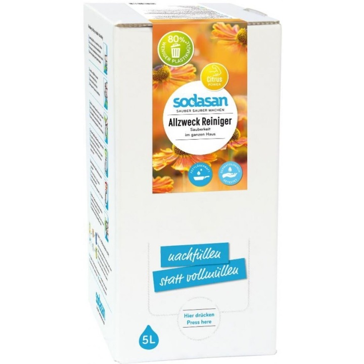 Soluție Bio Universală de Curățare cu Citrice 5 L, Sodasan, pentru suprafete din lemn, plastic, ceramica și sticlă