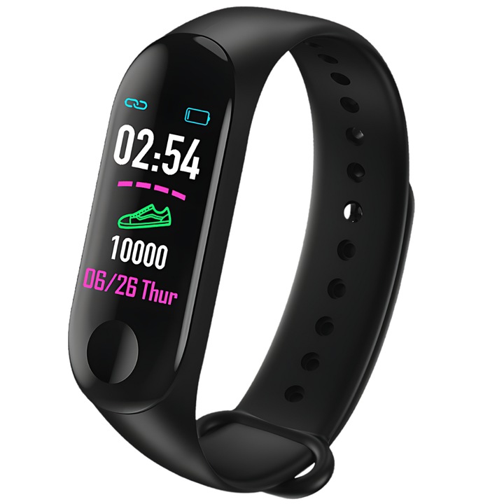 Bratara fitness SDEPOT®, M3, frecventa cardiaca, Tensiune arteriala, Negru