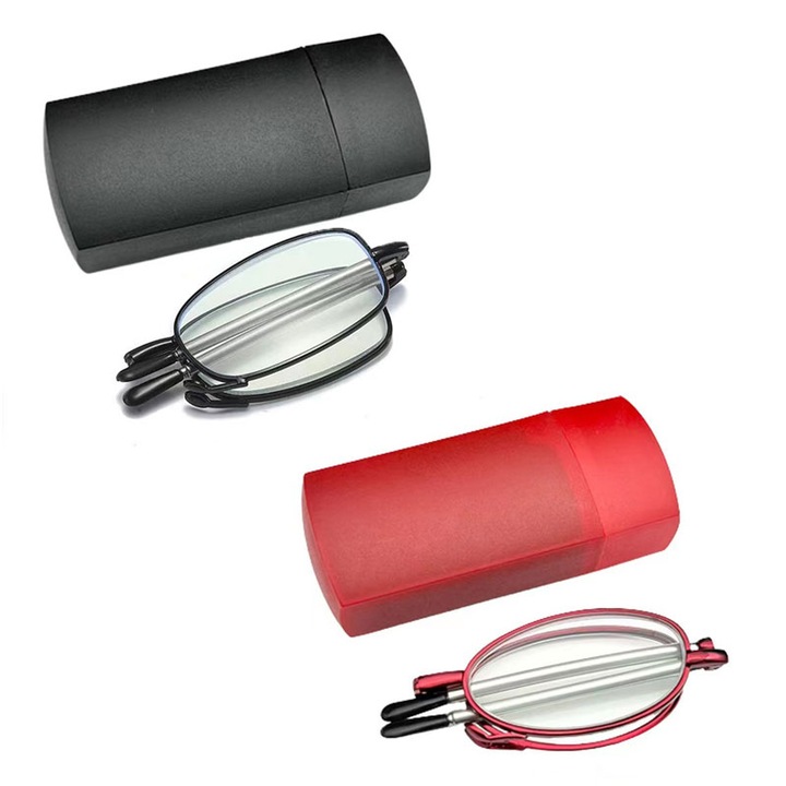 Set 2 Ochelari de citit cu rama pliabila si prindere cu clips, JENUOS®, Dioptrie+1.5, Unisex, pentru citit, Negru/Rosu