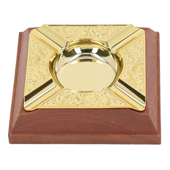 Tömör fa hamutartó 4 cigarettatartóval, Longziming, gravírozott, aranyozott, barna/arany, 712g