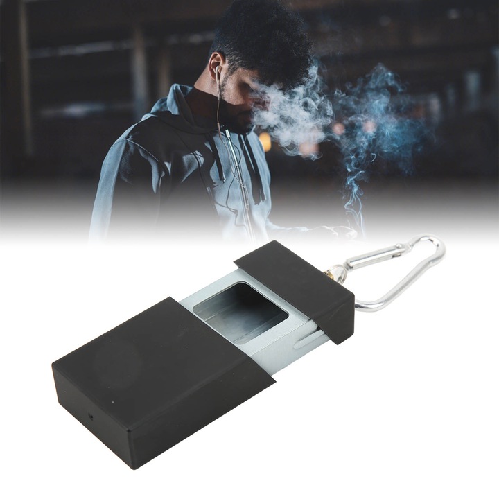 Hordozható hamutartó, rozsdamentes acél, karabinerrel, 65x40mm, fekete