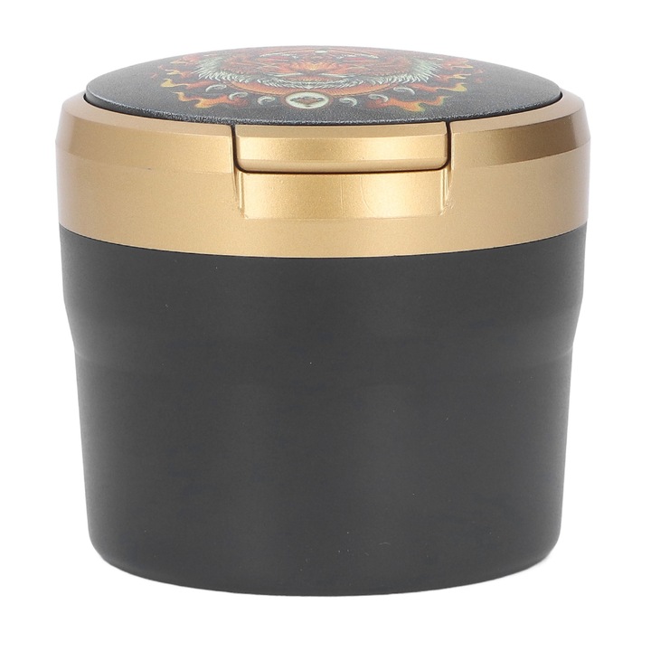 Autós hamutartó fedéllel, hosszú cipzárral, ABS, LED, 76,8x71,5 mm, fekete/arany