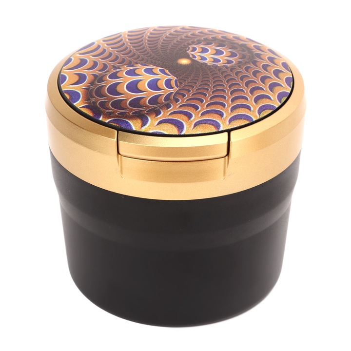 Autós hamutartó, hosszú cipzáras, hordozható kivitel, ABS, kék LED, 76,8x71,5 mm, fekete/arany