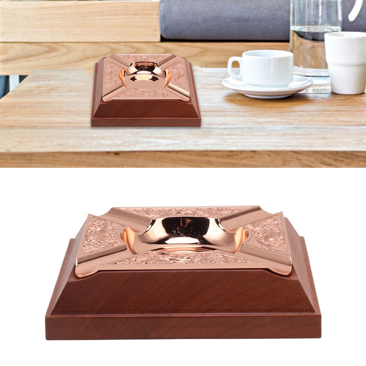 Fa és réz hamutartó, 4 férőhelyes ciginek, vintage megjelenésű, barna