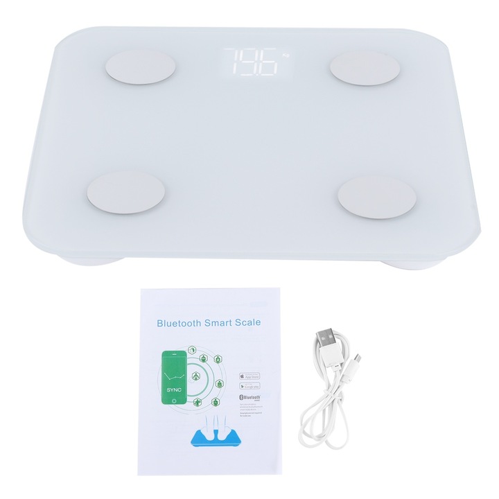 Интелигентна везна за тегло, Bluetooth, анализ на телесни мазнини, 0,2-180 кг, 26x26 см, LED, USB зареждане