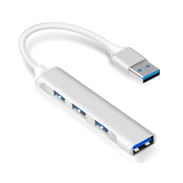 USB хъб адаптер MRG MGL232, 4x USB, USB 3.0, Multiport 4 в 1, съвместим Macbook, Windows и Android, ултра тънък, сребрист