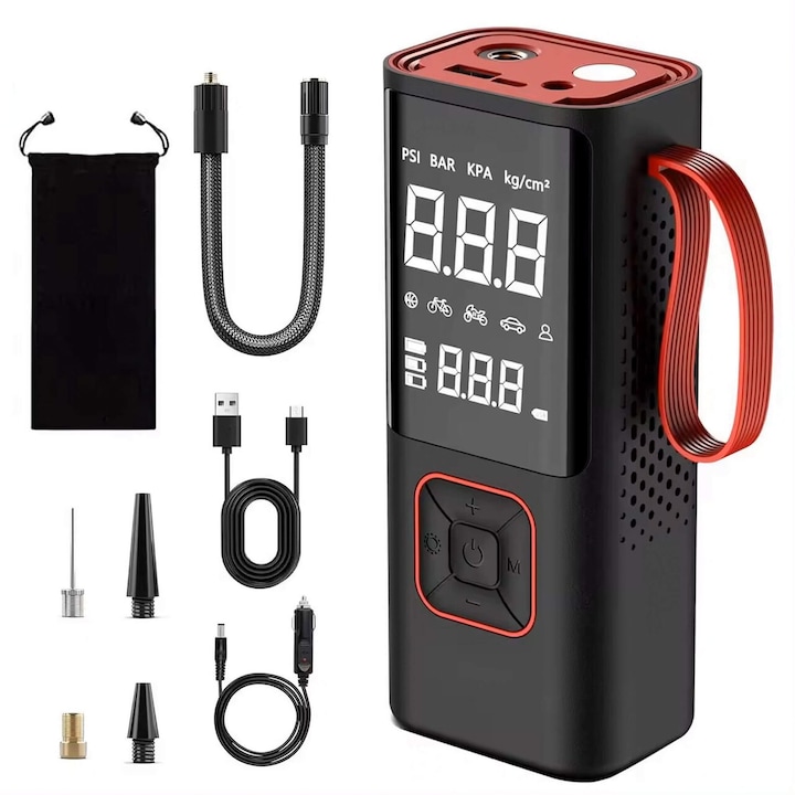 Mini compresor auto aer digital 3 in 1, 7.4/11.1V, 80W, 150PSI, 30L/min, Roll Fast, include cablu auto 12V, powerbank 3 x 2000 mAh, masina, bicicleta, motocicleta, mingi, lanterna LED, portabil