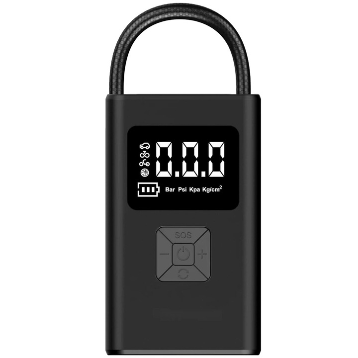 Újratölthető hordozható légkompresszor, 8.4V, 150 PSI, 20 L/perc, Roll Fast, 12V autókábel, powerbank 2 x 2000 mAh, autó, kerékpár, motorkerékpár, labdák, egyéb felfújható tárgyak, digitális kijelző, LED zseblámpa, SOS világos, fekete