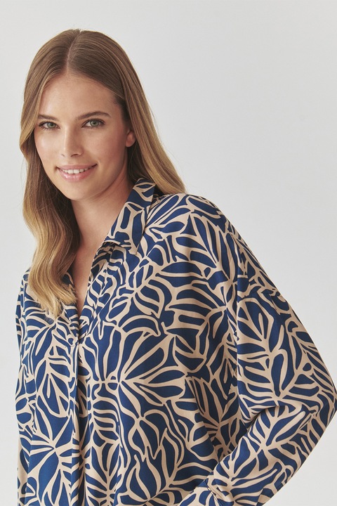 Tatuum, Bluza cu guler clasic si imprimeu, Albastru inchis/Bej