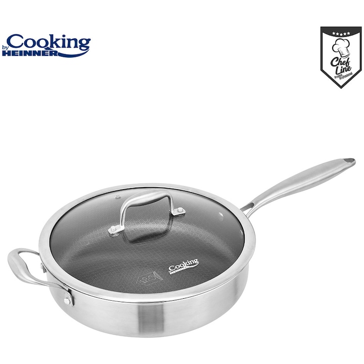 Тиган Cooking by Heinner Titanium, Дълбок, Със стъклен капак, 3 слоя, Неръждаема стомана, Индукция, 28 x 7.5 см, 4.2 л