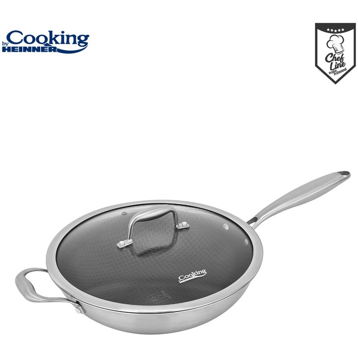 Тиган Уок Cooking by Heinner Titanium, Със стъклен капак, 3 слоя, Неръждаема стомана, Индукция, 30 x 8.5 см, 4.5 л