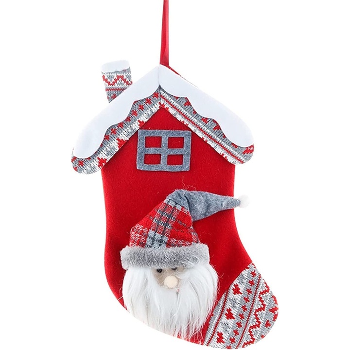 Ciorap Cadouri, model casa, culoare rosie, imprimeu Mos Craciun, marimea 20x27 cm