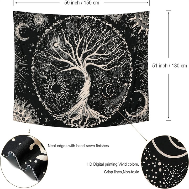 Decoratiune Sunmostar, Arborele Vietii, 150x130cm, negru si alb