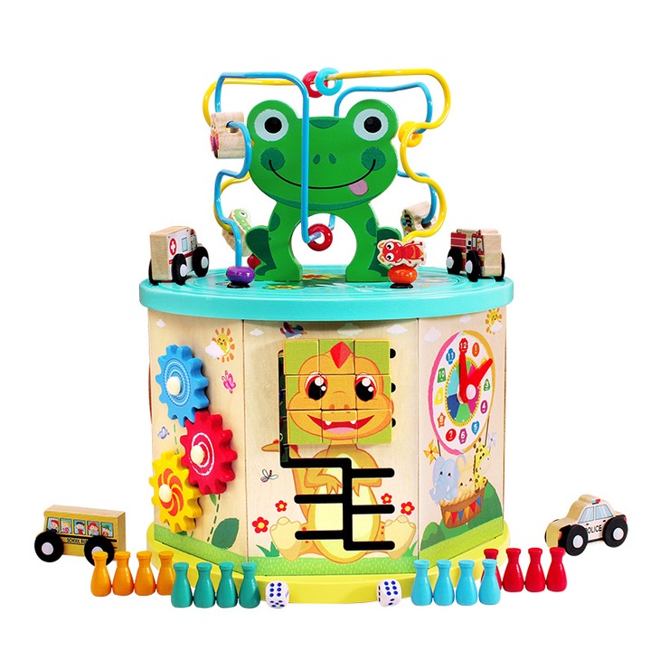 Cub educativ din lemn Montessori 9 Activitati, Ceas, Puzzle, Labirinturi, Circuit, masinute, 31 x 23.5 cm