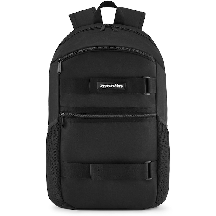 Rucsac sport, Skateboard, Zagatto, Negru, Dimensiuni 30x18x46 cm, Impermeabil, Capacitate 24L, Compatibil laptop, Bretele confortabile, Elastice speciale pentru transportul unui skateboard, Ghiozdan de zi cu zi, ZG917